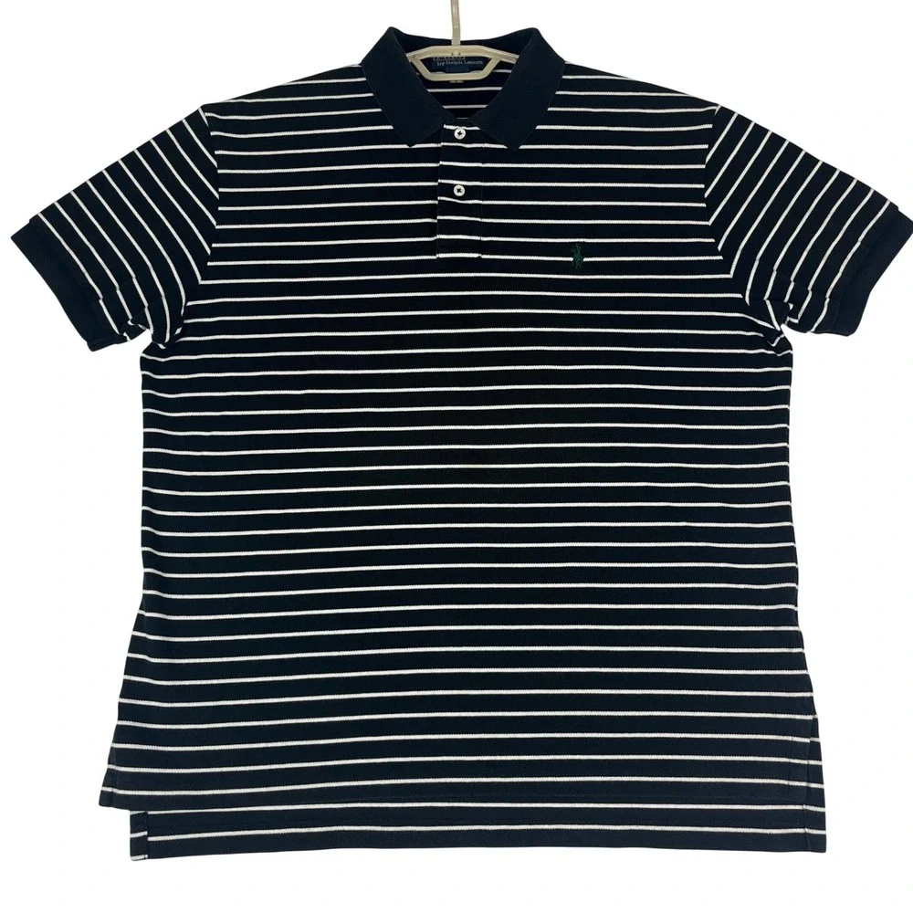 Polo Ralph Lauren Polo Shirt Mens XL Navy Blue White Striped Pique Short Sleeve